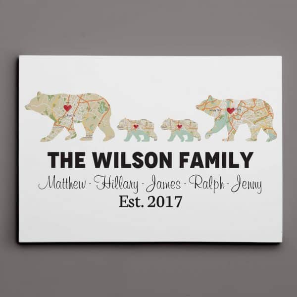 Bear Family Retro Map Custom Canvas Print Cheap Christmas Gifts