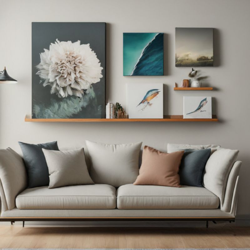 how to display canvas prints - Modern Floating Shelf Canvas Display in Living Room